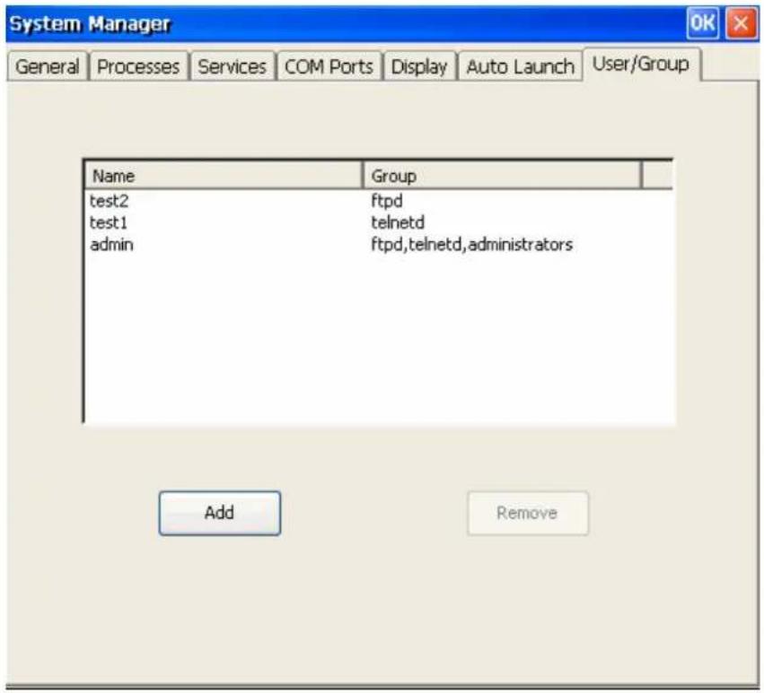 System Manager General Processes Services COM Ports Display Auto Launch User/Group Name Group test2 ftpd test1 telnetd admin ftpd,telnetd,administrators Add Remove
