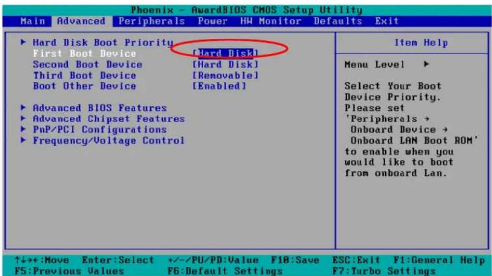 Phoenix - AwardBIOS CMOS Setup Utility Main Advanced Peripherals Power HW Monitor Defaults Exit ► Hard Disk Boot Priority First Boot Device [Hard Disk] Second Boot Device [Hard Disk] Third Boot Device [Removable] Boot Other Device [Enabled] ► Advanced BIOS Features ► Advanced Chipset Features ► PnP/PCI Configurations ► Frequency/Voltage Control Item Help Menu Level ► Select Your Boot Device Priority. Please set 'Peripherals → Onboard Device → Onboard LAN Boot ROM' to enable when you would like to boot from onboard Lan. ↑↓→+:Move Enter:Select +/-/PU/PD:Value F10:Save ESC:Exit F1:General Help F5:Previous Values F6:Default Settings F7:Turbo Settings