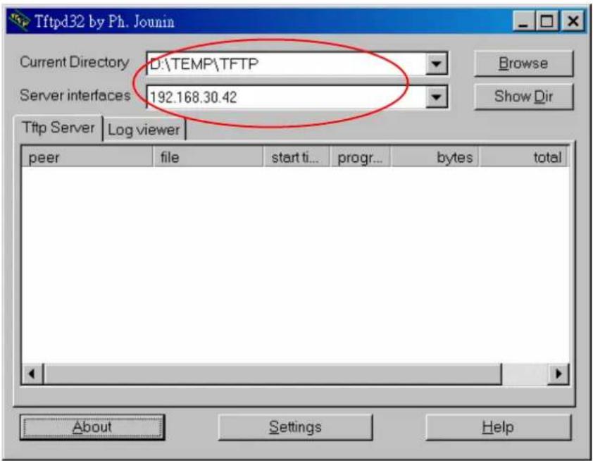 Tftpd32 by Ph. Jounin Current Directory D:\TEMP\TFTP Server interfaces 192.168.30.42 Tftp Server | Log viewer peer file start ti... progr... bytes total About Settings Help