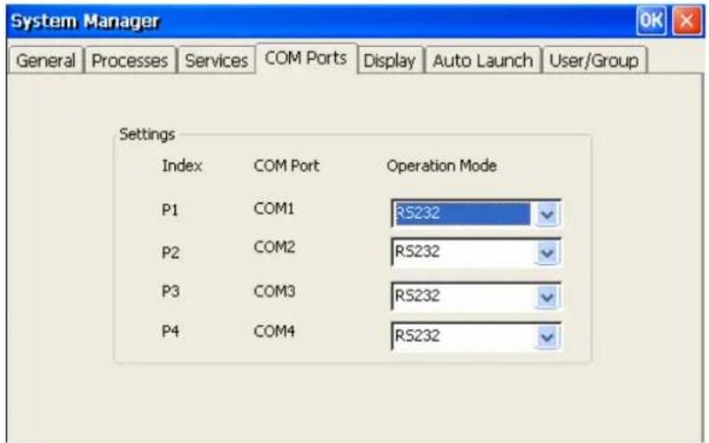System Manager General Processes Services COM Ports Display Auto Launch User/Group Settings Index COM Port Operation Mode P1 COM1 RS232 P2 COM2 RS232 P3 COM3 RS232 P4 COM4 RS232