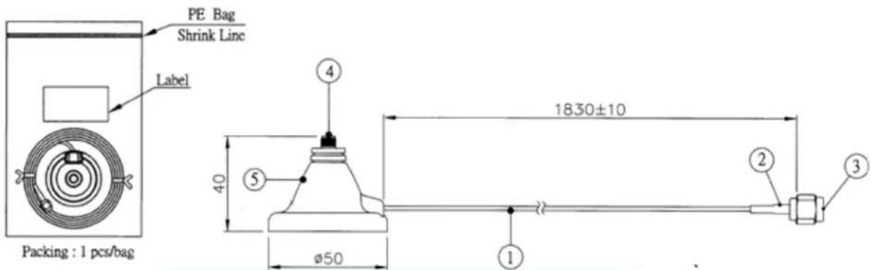 PE Bag Shrink Line Label Packing : 1 pcs/bag 40 5 φ50 1830±10 2 3
