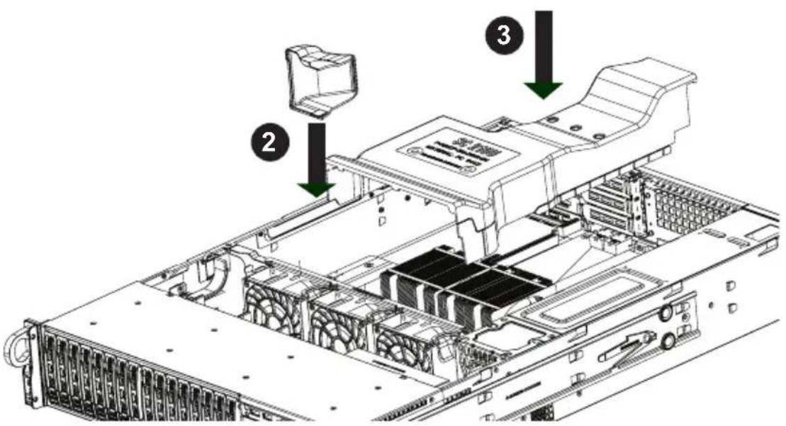 Technical diagram of a server rack with labeled components and directional arrows indicating assembly or status.