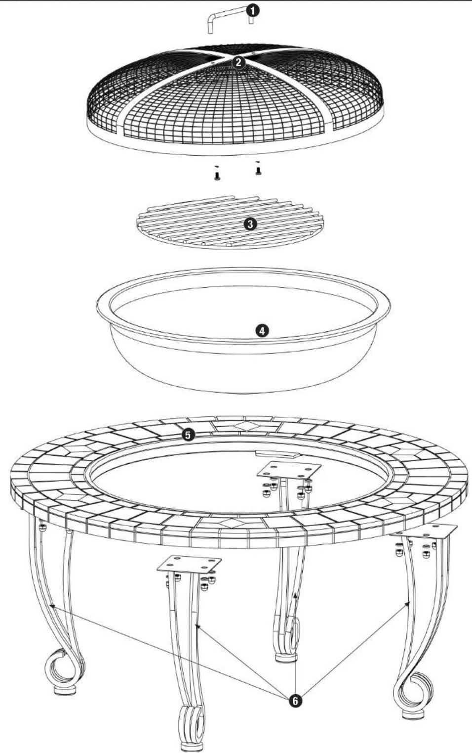 Technical diagram of a fire safety equipment with six labeled components and exploded view