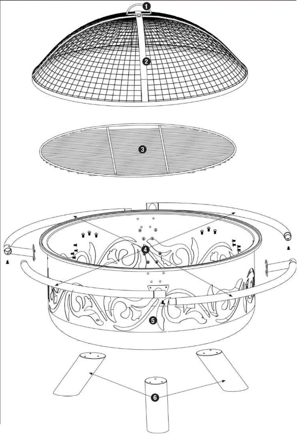 Technical diagram of a fire pot with labeled components including a conical lid, fan cover, and fire extinguisher.