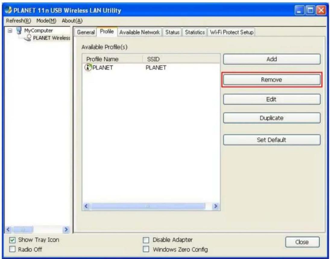 Planet WNL-U554M - Remove an existing profile - 1
