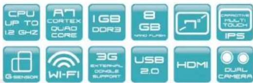 CPU UP TO 12 GHZ AI Cortex OUAD CORE IGB DDR3 8GB WIND FUSH CAPACITARY MULTI TOUCH IPS G SENSOR Wi-Fi 3G EXTERNAL DOUBLE SUPPORT USB 2.0 HDMI DUAL CAMERA