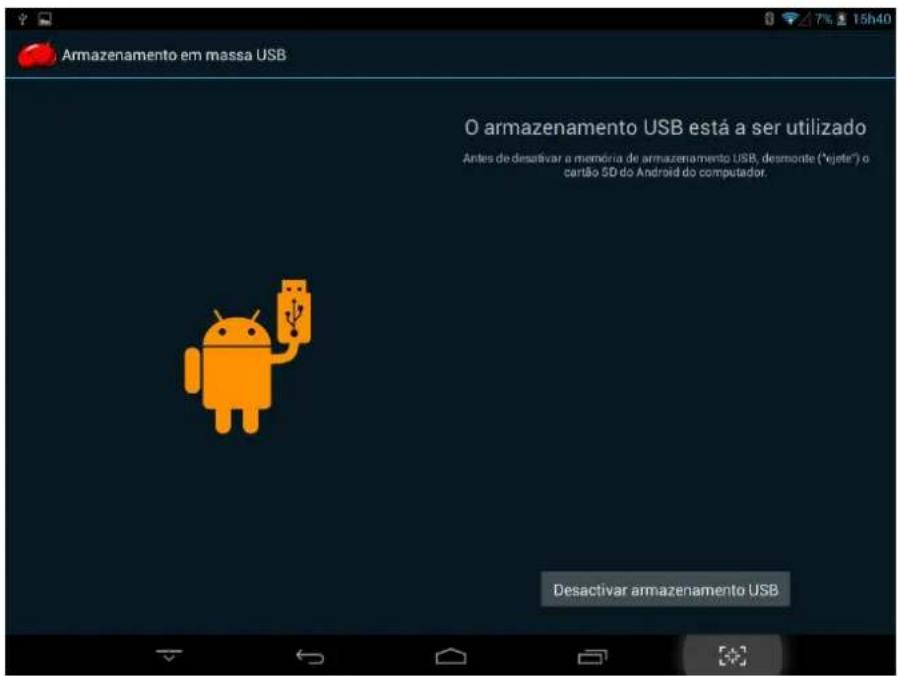 Armazenamento em massa USB O armazenamento USB está a ser utilizado Antes de desatívar a memória de armazenamento USB, desmonte ("ejete") o cartão 5D do Android do computador. Desactivar armazenamento USB