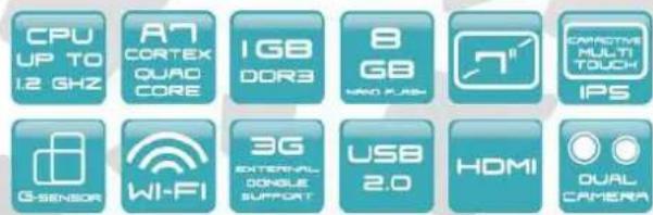 CPU UP TO 1.2 GHz AT Cortex QUAO CORE IGB DOR3 8 GB WMO PUSH CARACTIVE MULTI TOUCH IPS G-Sensor Wi-Fi 3G EXTERNAL DOUBLE SUPPORT USB 2.0 HDMI OVAL CAMERA