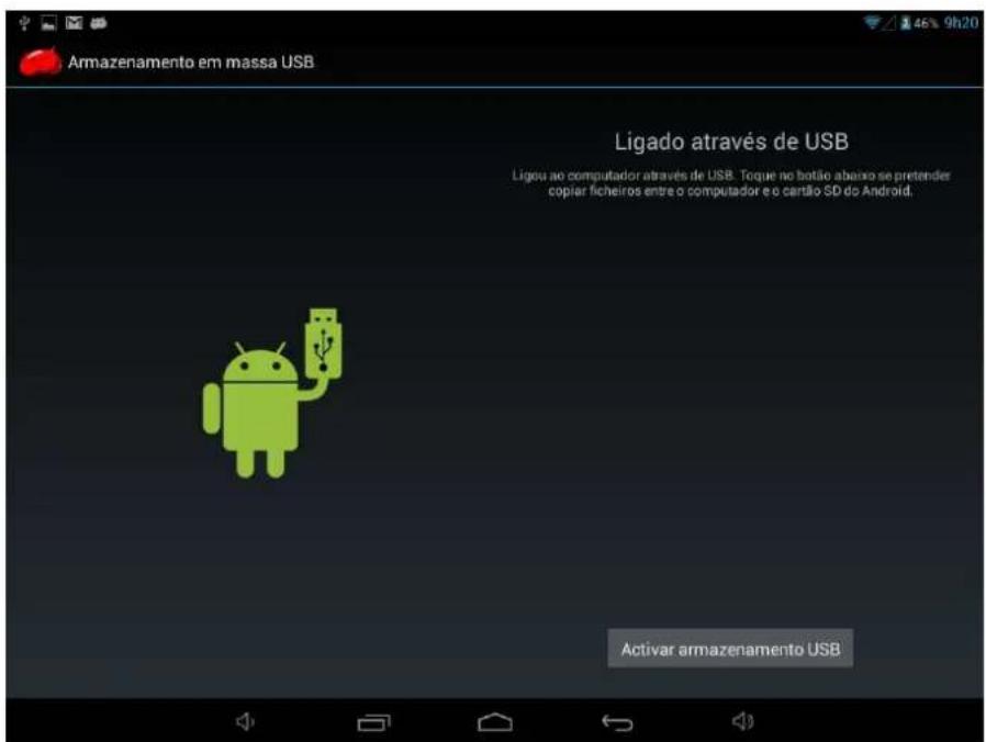 Armazenamento em massa USB Ligado através de USB Ligou ao computador através de USB. Torque no botão abaixo se pretender copiar ficheiros entre o computador e o cartão SD do Android. Activar armazenamento USB