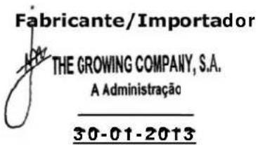 Fabricante/Importador THE GROWING COMPANY, S.A. A Administração 30-01-2013