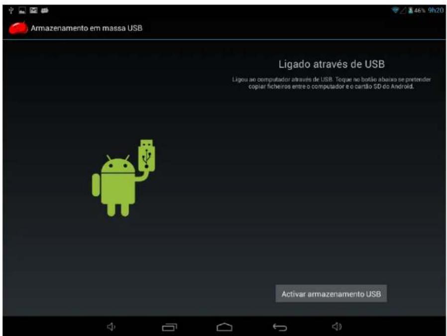 Armazenamento em massa USB Ligado através de USB Ligou ao computador através de USB. Torque no botão abaixo se pretender copiar ficheiros entre o computador e o certão SD do Android. Activar armazenamento USB