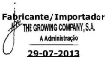 Fabricante/Importador THE GROWING COMPANY, S.A. A Administração 29-07-2013