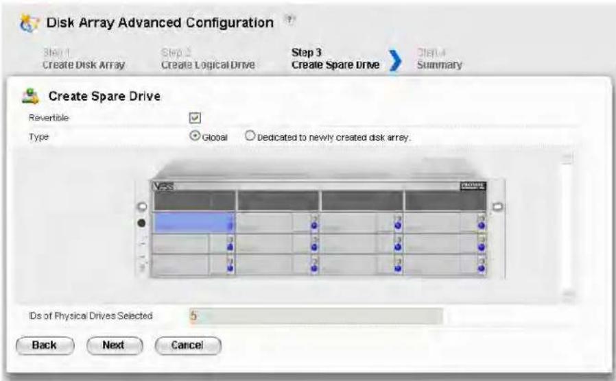 Disk Array Advanced Configuration Step 1 Create Disk Array Step 2 Create Logical Drive Step 3 Create Spare Drive Summary Create Spare Drive Revertale Type Global Dedicated to newly created disk array. IDs of Physical Drives Selected 5 Back Next Cancel