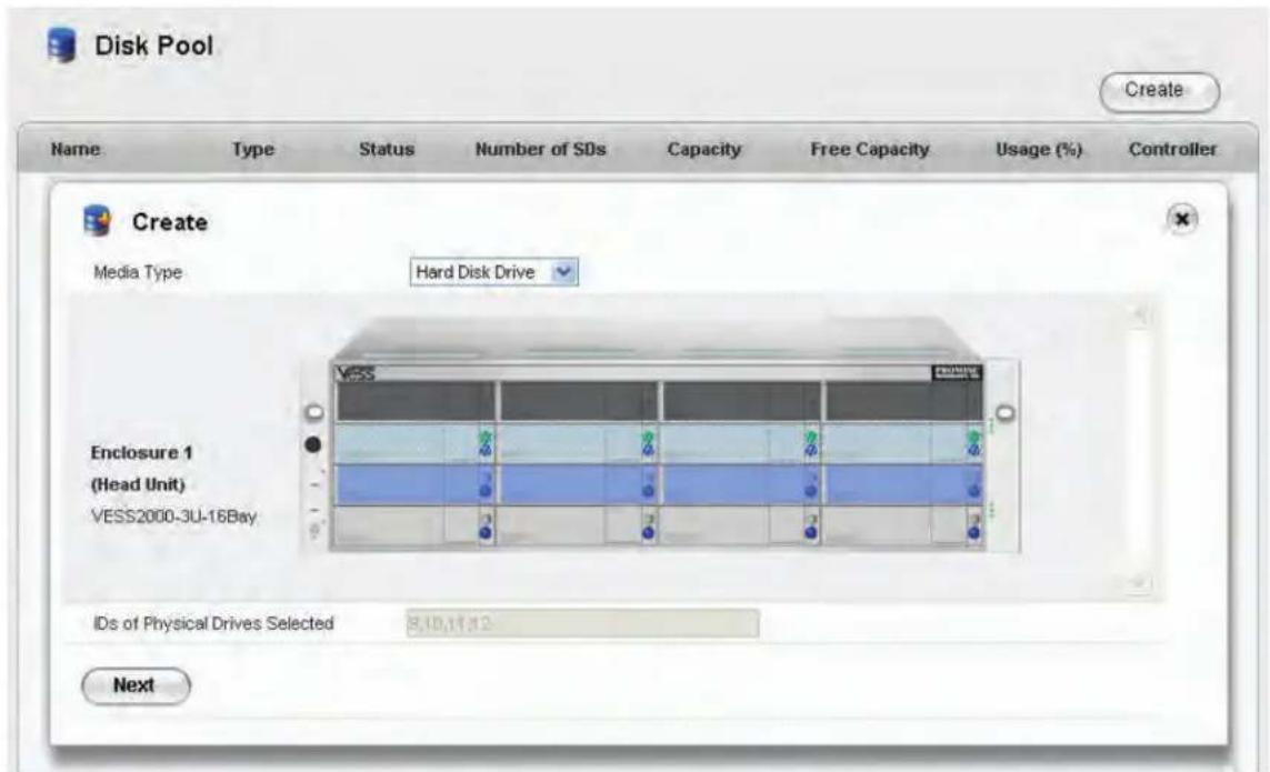 Disk Pool Create Name Type Status Number of SDs Capacity.Free Capacity Usage (%) Controller Media Type Hard Disk Drive Enclosure 1 (Head Unit) VESS2000-3U-16Bay IDs of Physical Drives Selected 8.10.11.12 Next