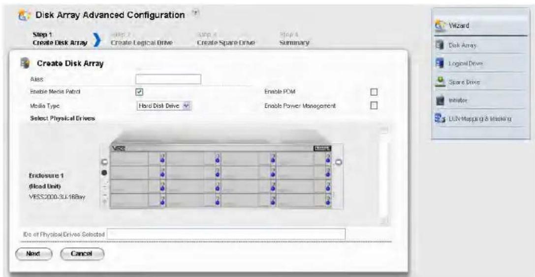Disk Array Advanced Configuration Step 1 Create Disk Array Step 2 Create Logical Drive Step 3 Create Spare Drive Step 4 Summary Create Disk Array Alias Enable Media Patrol Enable POM Media Type Hard Disk Drive Enable Power Management Select Physical Drives Enclosure 1 (Ilead Unit) VESS2000-3L-16Bay…