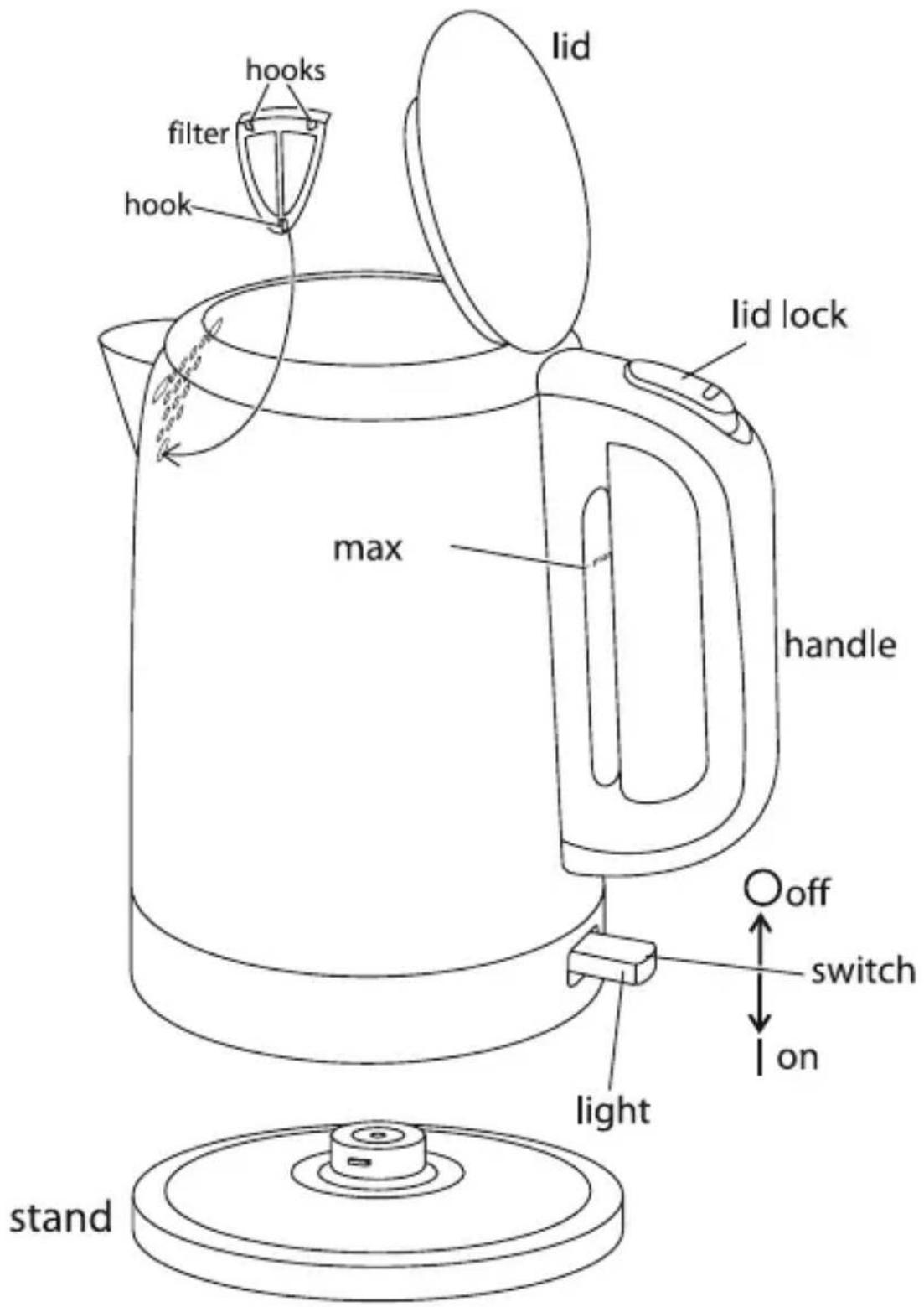 hooks filter hook lid max lid lock handle O off switch on light stand