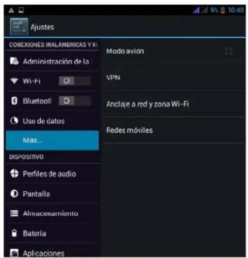 Ajustes CONEXIONES INALAMBRICAS Y FI Administración de la Wi-Fi Bluetooth Uso de datos Mas... DISPOSITIVO Perfiles de audio Pantalla Almacenamiento Batería Aplicaciones Modo avión VPN Anclaje a red y zona Wi-Fi Redes móviles
