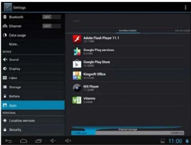 Settings Bluetooth Ethernet Data usage More... DEVICE Sound Display HDMI Storage Battery Apps PERSONAL Location services Security Adobe Flash Player 11.1 13.17MB Google Play services 8.51MB Google Play Store 10.56MB Kingsoft Office 32.62MB MX Player 17.56MB Vitaminio 9.63MB Internal storage 21MB user 22MB free 11:00