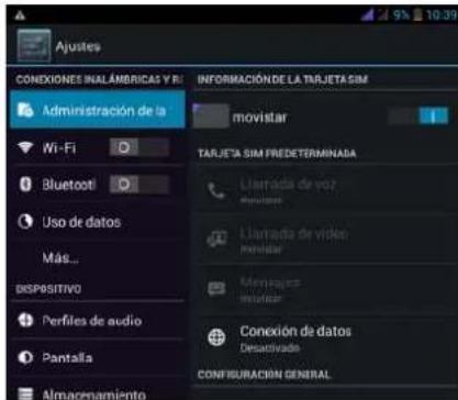 Ajustes CONEXIONES INALÁMBRICAS Y R Administración de la Wi-Fi Bluetooth Uso de datos Más... DISPOSITIVO Perfiles de audio Pantalla Almacropamiento INFORMACIÓN DE LA TRAJETA SIM movistar TARJETA SIM PREDETERMINADA Llamada de voz laserar Llamada de video laserar Minemas laserar Conexión de datos Desactivado CONFIGURACIÓN GENERAL