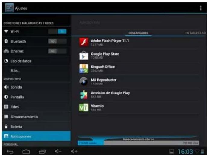 Ajustes CONEXIONES INALAMERICAS Y REDES Wi-Fi Bluetooth Ethernet Uso de datos Más... DISPOSITIVO Sonido Pantalla Hidmi Almacenamiento Batería Aplicaciones DESCARGADAS IN TAIJETA SO Adobe Flash Player 11.1 13.77 MB Google Play Store 10.95 MB Kingsoft Office 32.62 MB MX Reproductor 17.06 MB Servicios de Google Play 8.67 MB Vitamio 6.45 MB Amaceamiento elterno 17.06 MB elterno 25.00 MB elterno 16:03