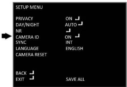 SETUP MENU PRIVACY ON DAY/NIGHT AUTO NR CAMERA ID ON SYNC INT LANGUAGE ENGLISH CAMERA RESET BACK EXIT SAVE ALL