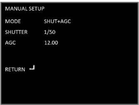 MANUAL SETUP MODE SHUT+AGC SHUTTER 1/50 AGC 12.00 RETURN ↙