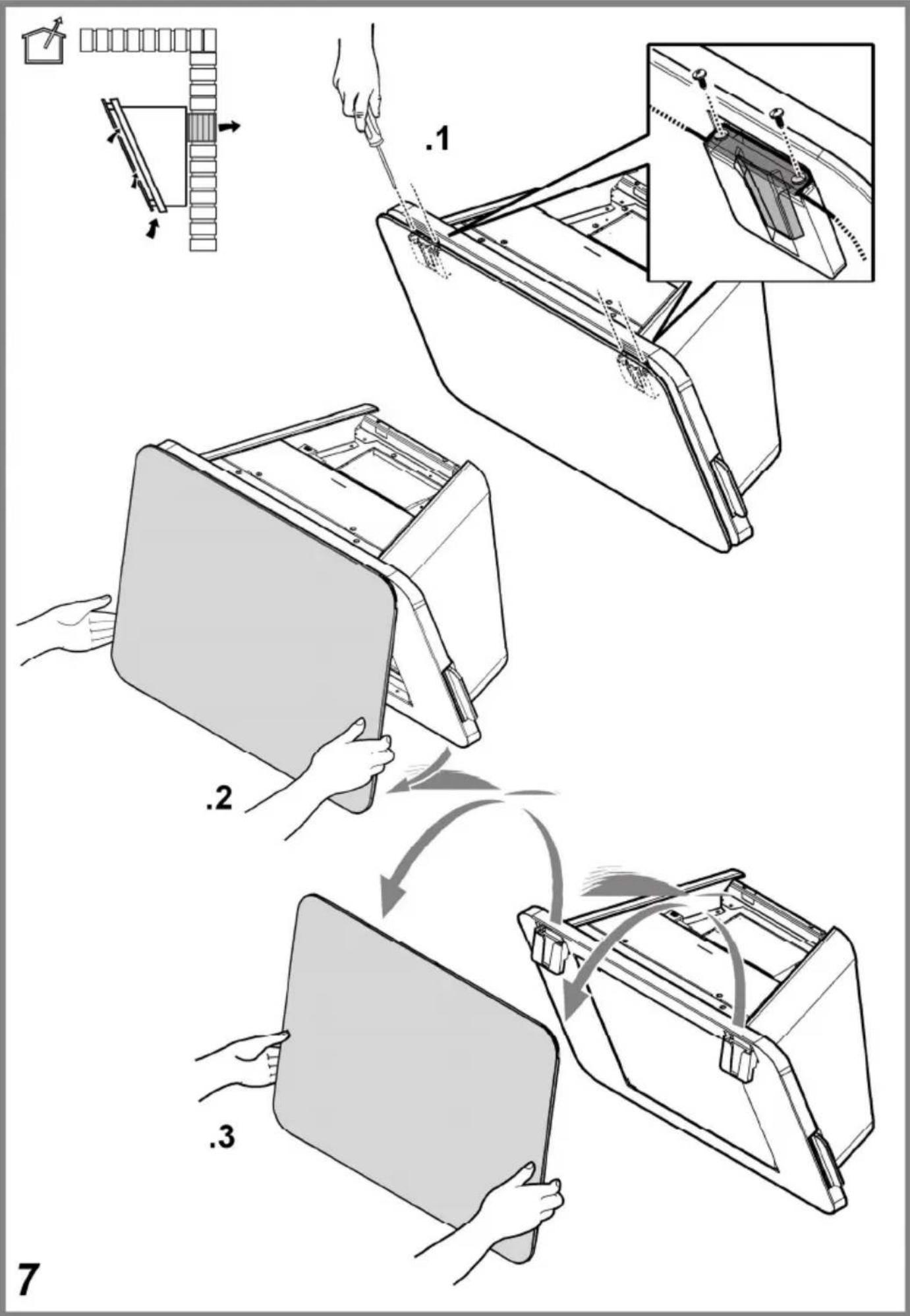 Technical diagram illustrating three-step assembly steps of a mechanical device, labeled 1, 2, and 3.