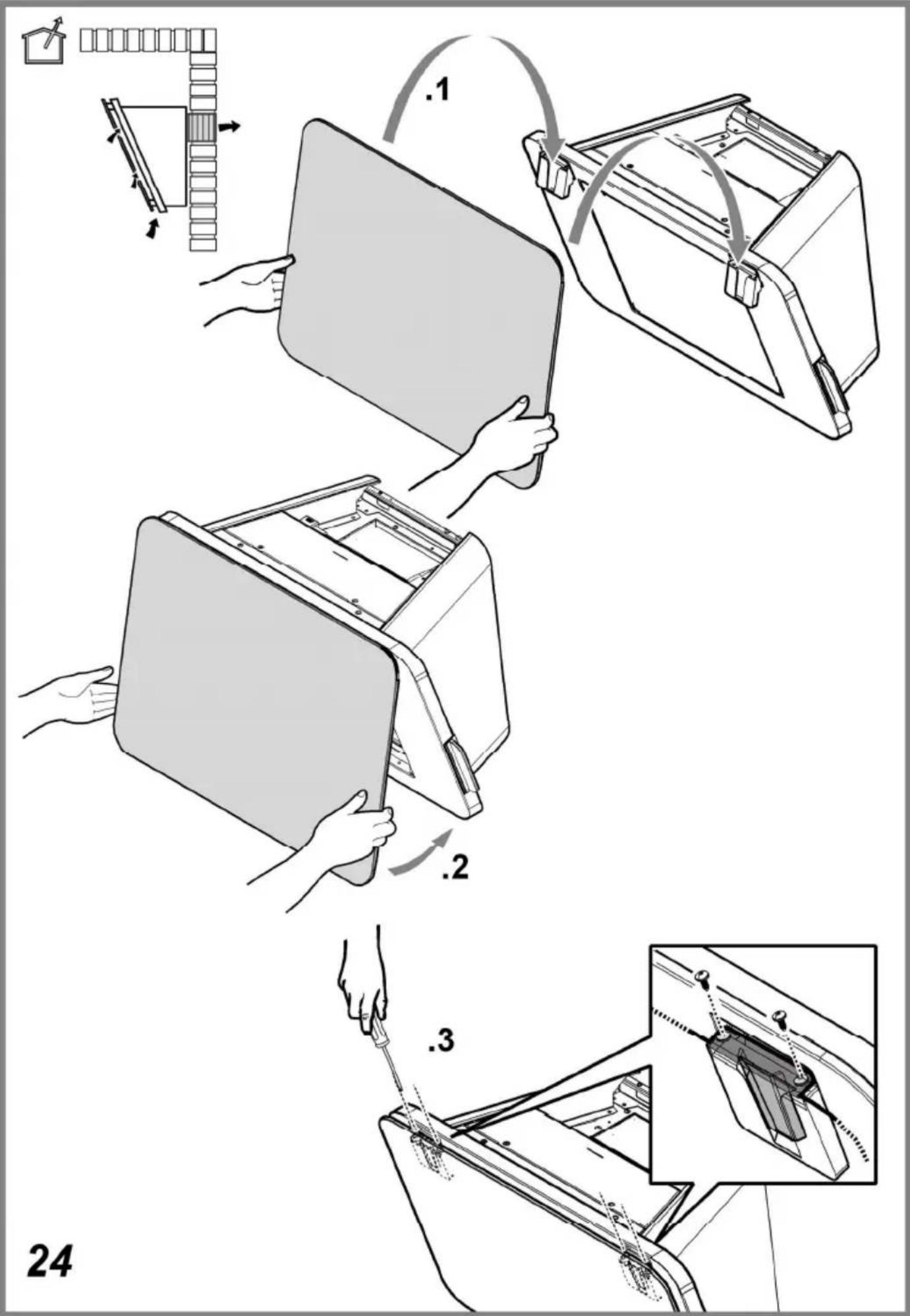 Technical diagram illustrating three-step assembly steps for a mechanical device, with labeled components and directional arrows.
