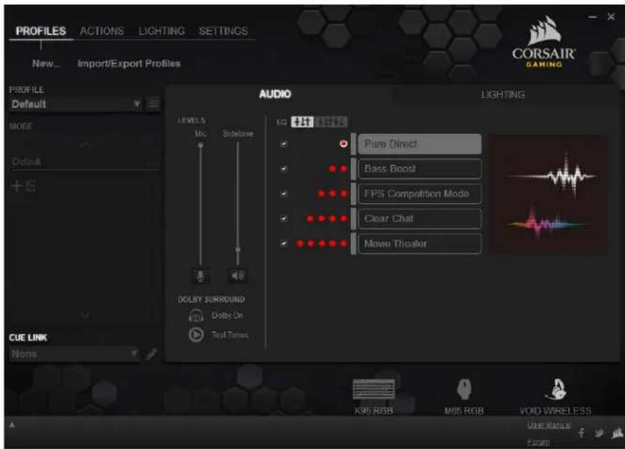 PROFILES ACTIONS LIGHTING SETTINGS New... Import/Export Profiles PROFILE Default MODE Default + CUE LINK None AUDIO LIGHTING LEVELS Mic Sistone DOLEY SURROUND Dotbe On Text Tones Pure Direct Bass Boost FPS Competition Mode Clear Chat Movie Thicafor K95 RGB M95 RGB VOID WIRELESS User Manual Excm