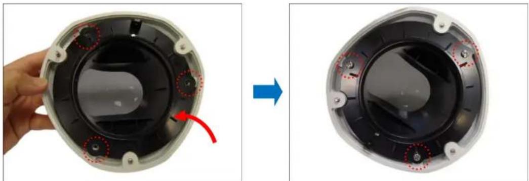 Two views of a mechanical component before and after assembly, showing internal structure and red arrows indicating motion (no text or symbols)