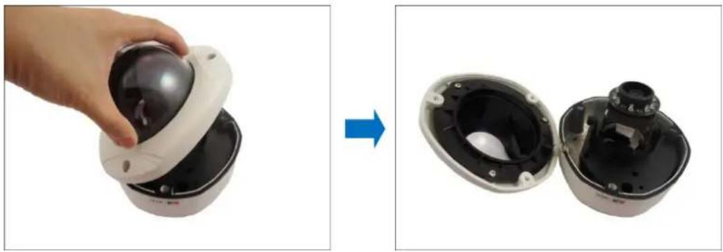 Two views of a smart security camera module: one open showing the dome, the other closed with a speaker (no text or symbols visible)