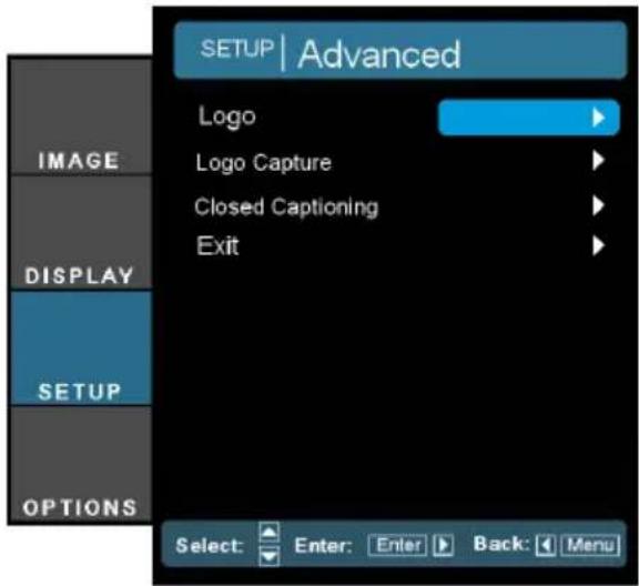 SETUP | Advanced LOGO Logo Capture Closed Captioning Exit DISPLAY SETUP OPTIONS Select: Enter: Enter Back: Menu
