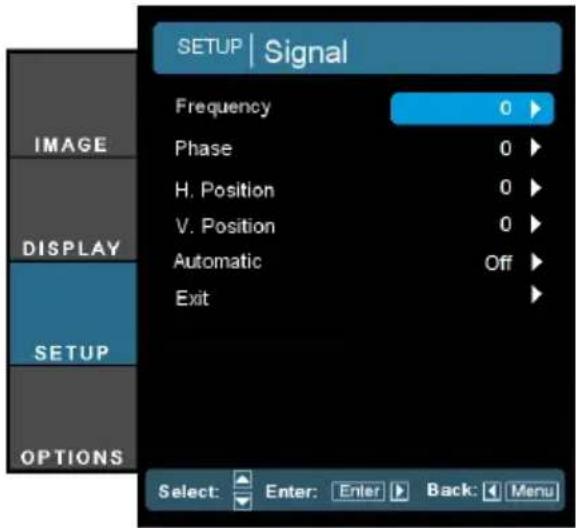 SETUP | Signal Frequency 0 ▶ Phase 0 ▶ H. Position 0 ▶ V. Position 0 ▶ Automatic Off ▶ Exit ▶ DISPLAY SETUP OPTIONS Select: Enter: Enter ▶ Back: ▶ Menu