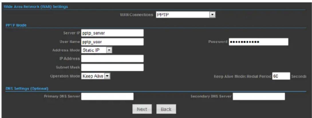 Wide Area Network (WAN) Settings WAN Connections PPTP PPTP Mode Server IP pptp_server User Name pptp_user Address Mode Static IP IP Address Subnet Mask Operation Mode Keep Alive Password ••••••••••••••••••• Keep Alive Mode: Redial Period 60 Seconds DNS Settings (Optional) Primary DNS Server Next Back Secondary DNS Server