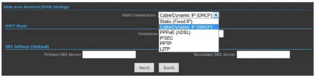 Wide Area Network (WAL) Settings WAL Connections Cable/Dynamic IP (DHCP) Static (Fixed IP) Cable/Dynamic IP (DHCP) DHCP Mode hostname PPPoE (ADSL) IPSEC PPTP L2TP DNS Settings (Optional) Primary DNS Server Secondary DNS Server Next Back