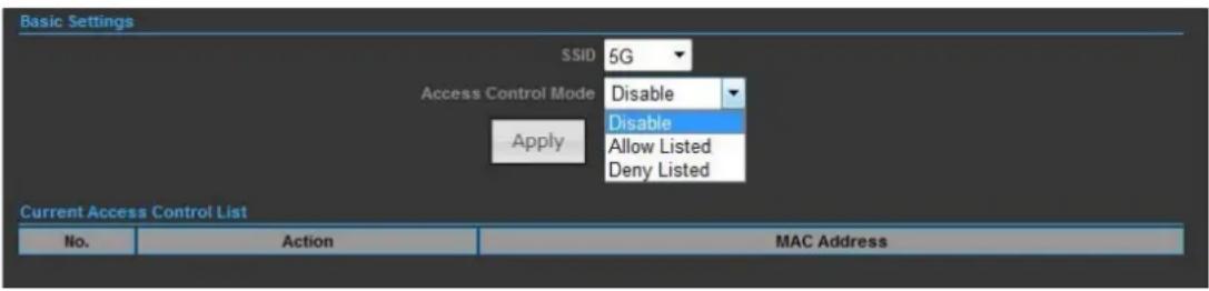 Basic Settings SSID 5G Access Control Mode Disable Apply Disable Allow Listed Deny Listed Current Access Control List No. Action MAC Address