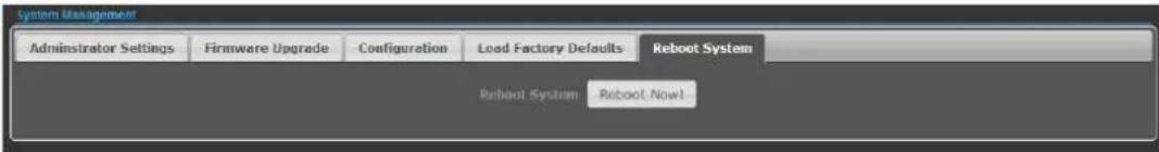 System Management Administrator Settings Firmware Upgrade Configuration Load Factory Defaults Reboot System Reboot System Reboot Now!