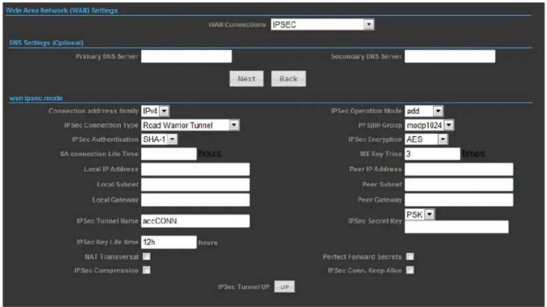 Wide Area Network (WAL) Settings WAL Connections IPSEC DNS Settings (Optional) Primary DNS Server Next Back Secondary DNS Server wan ipsec mode Connection address family IPv IPSec Connection Type Road Warrior Tunnel IPSec Authentication SHA-1 SA connection Life Time HOURS Local IP Address Local Subnet Local Gateway IPSec Tunnel Name accCONN IPSec Key Life time 12h hours NAT Transversal IPSec Compression IPSec Tunnel UP UP IPSec Operation Mode add PSIth Group modp1024 IPSec Encryption AES IKE Key Trias 3 times Peer IP Address Peer Subnet Peer Gateway IPSec Secret Key PSK