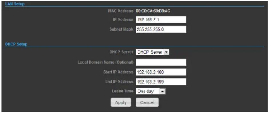 LAN Setup MAC Address 00:C0:CA:$0:E8:AC IP Address 192.168.2.1 Subnet Mask 255.255.255.0 DHCP Setup DHCP Server DHCP Server Local Domain Name (Optional) Start IP Address 192.168.2.100 End IP Address 192.168.2.199 Lease Time One day Apply Cancel