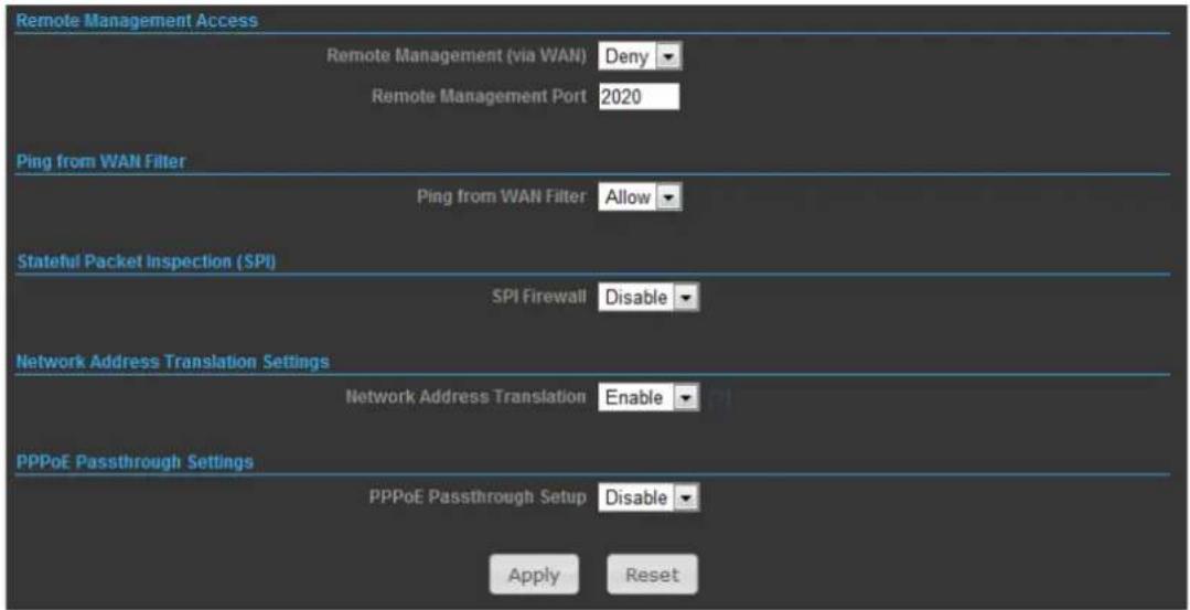 Remote Management Access Remote Management (via WAN) Deny Remote Management Port 2020 Ping from WAN Filter Ping from WAN Filter Allow Stateful Packet Inspection (SPI) SPI Firewall Disable Network Address Translation Settings Network Address Translation Enable PPPoE Passthrough Settings PPPoE Passthrough Setup Disable Apply Reset