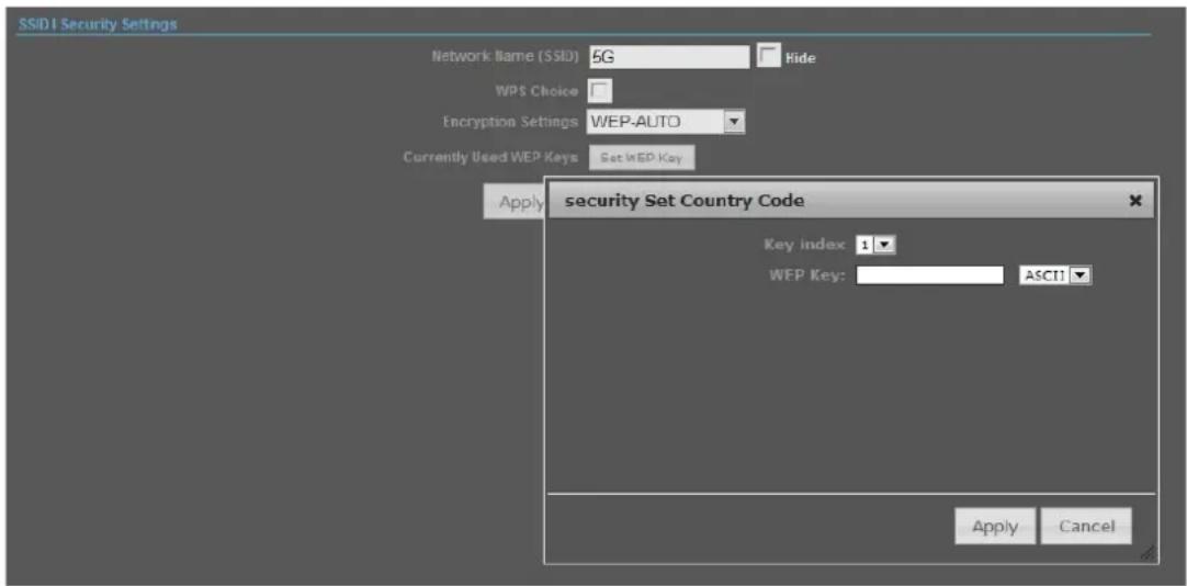SSIDI Security Settings Network Name (SSID) 5G WPS Choice Encryption Settings WEP-AUTO Currently Used WEP Keys Set WEP Key Apply security Set Country Code Key index: 1 WFP Key: ASCI Apply Cancel