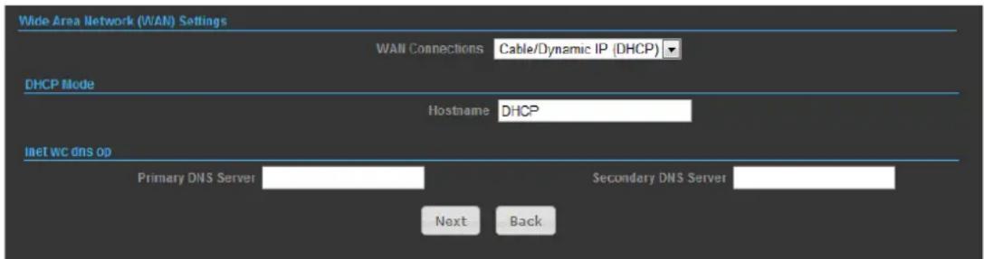 Wide Area Network (WAN) Settings WAN Connections Cable/Dynamic IP (DHCP) DHCP Mode Hostname DHCP Inet WC dns op Primary DNS Server Secondary DNS Server Next Back