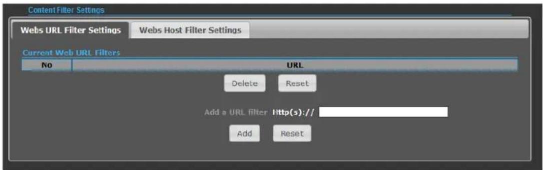 Content Filter Settings Webs URL Filter Settings Webs Host Filter Settings Current Web URL Filters No URL Delete Reset Add a URL filter http(s):// Add Reset