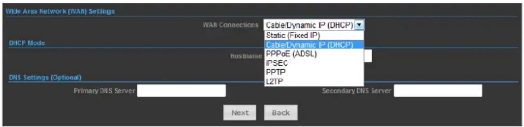 Wide Area Network (WAL) Settings WAL Connections Cable/Dynamic IP (DHCP) Static (Fixed IP) Cable/Dynamic IP (DHCP) DHCP Mode hostname PPPoE (ADSL) IPSEC PPTP L2TP DNS Settings (Optional) Primary DNS Server Secondary DNS Server Next Back