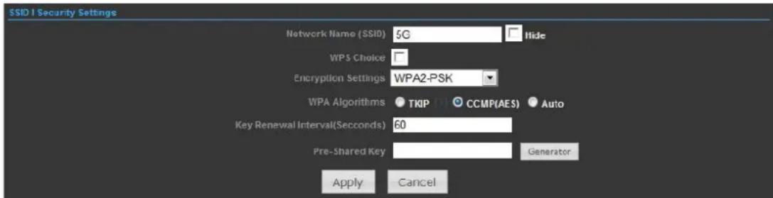 SSID I Security Settings Network Name (SSID) 5G Hide WPS Choice Encryption Settings WPA2-PSK WPA Algorithms ● TKIP CCMP(AES) ● Auto Key Renewal Interval(Seconds) 60 Pre-Shared Key Generator Apply Cancel