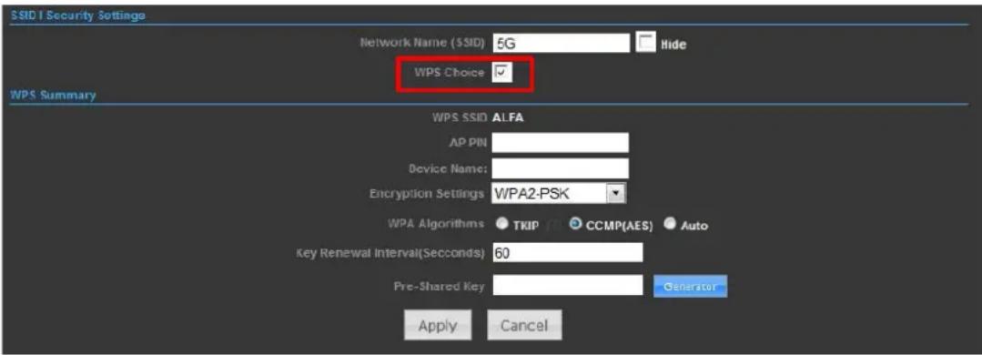 SSID I Security Settings Network Name (SSID) 5G Hide WPS Choice ✓ WPS Summary WPS SSID ALFA AP PIN Device Name: Encryption Settings WPA2-PSK WPA Algorithms TKIP CCMP(AES) Auto Key Renewal Interval(Seconds) 60 Pre-Shared Key Generator Apply Cancel