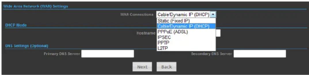 Wide Area Network (WAN) Settings DHCP Mode WAN Connections Cable/Dynamic IP (DHCP) Static (Fixed IP) Cable/Dynamic IP (DHCP) Hostname PPPoE (ADSL) IPSEC PPTP L2TP DNS Settings (Optional) Primary DNS Server Next Back Secondary DNS Server