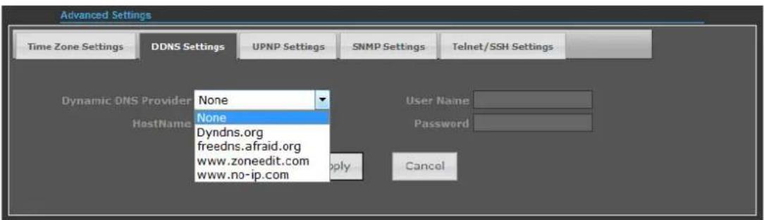Advanced Settings Time Zone Settings DDNS Settings UPNP Settings SNMP Settings Telnet/SSH Settings Dynamic DNS Provider None HostName None Dyndns.org freedns.afraid.org www.zoneedit.com www.no-ip.com User Name: Password: Apply Cancel