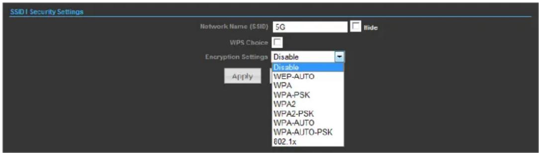 SSID I Security Settings Network Name (SSID) 5G WPS Choice Encryption Settings Disable Apply Disable WEP-AUTO WPA WPA-PSK WPA2 WPA2-PSK WPA-AUTO WPA-AUTO-PSK 602.1x