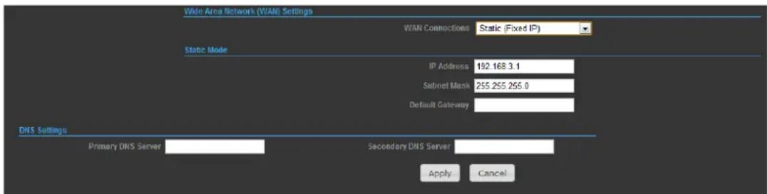 Wide Area Network (WAN) Settings WAN Connections Static (Fixed IP) Static Mode IP Address 192.168.3.1 Subnet Mask 255.255.255.0 Default Gateway DNS Settings Primary DNS Server Secondary DNS Server Apply Cancel